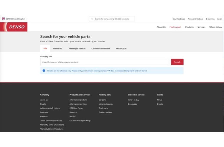 DENSO Aftermarket Europe introduces VIN search to online catalogue
